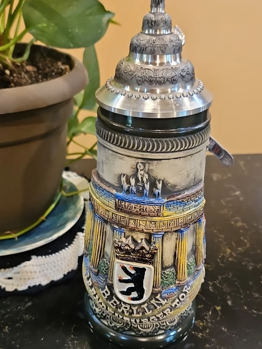 German Porcelain and Pewter Decorative Beer Stein - Multicolor